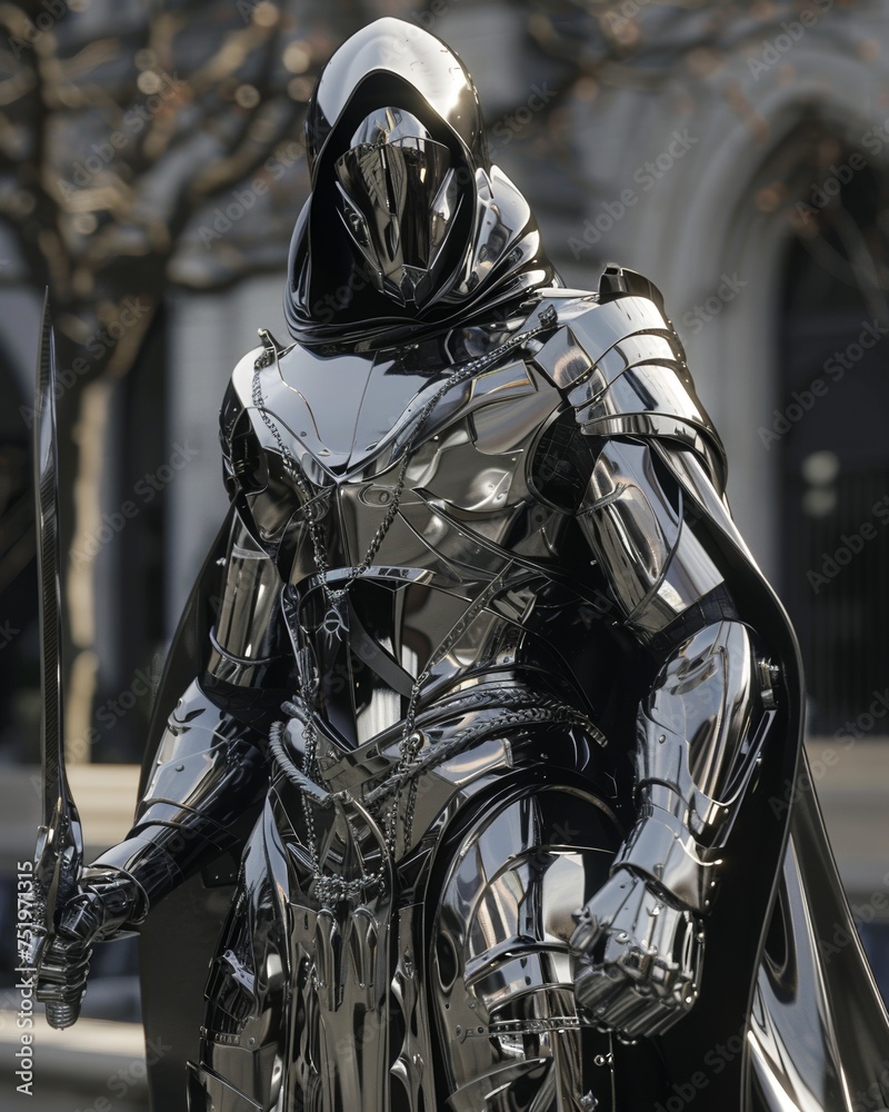 Mirrorshade assassin cloaked in reflective armor blending into shadows and reflections a master of stealth and deception