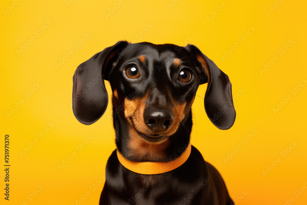Portrait of a Dachshund on a yellow background