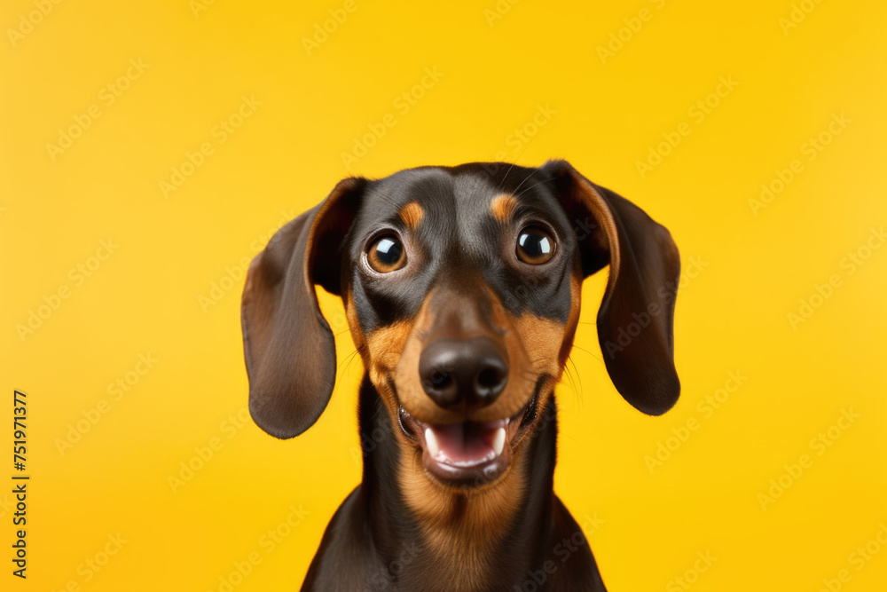 Portrait of a Dachshund on a yellow background
