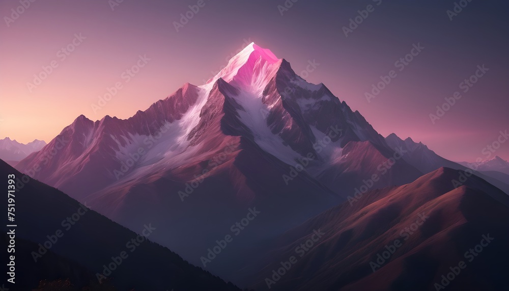 A mountain with a pink light on top mountain in the background - obrazy, fototapety, plakaty 
