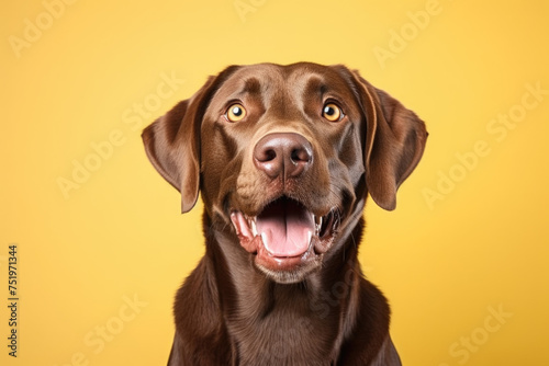 Portrait of a brown Labrador retriever on a yellow background photo