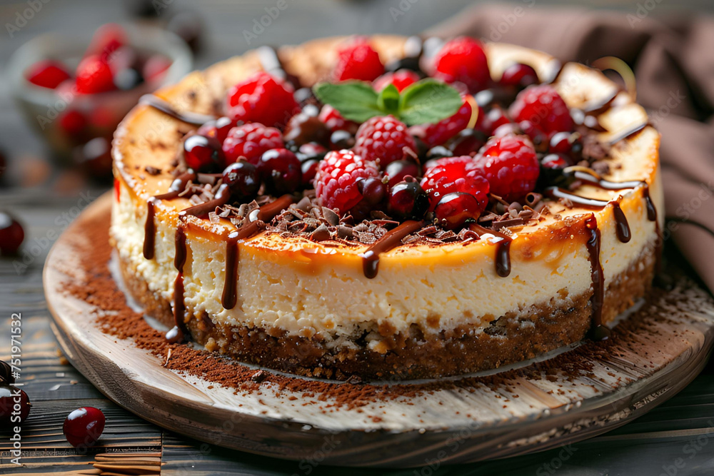 Cheesecake with raspberries and chocolate on a wooden table
Cheesecake with raspberries and chocolate on a wooden table