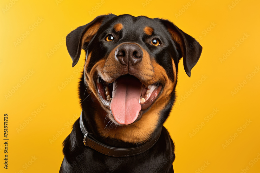 Portrait of a rotweiller on a yellow background