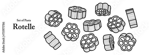 Pasta series in cute hand drawn style. Set of rotelle in black outline on transparent background in various styles. Food and ingredient elements for coloring book design. photo