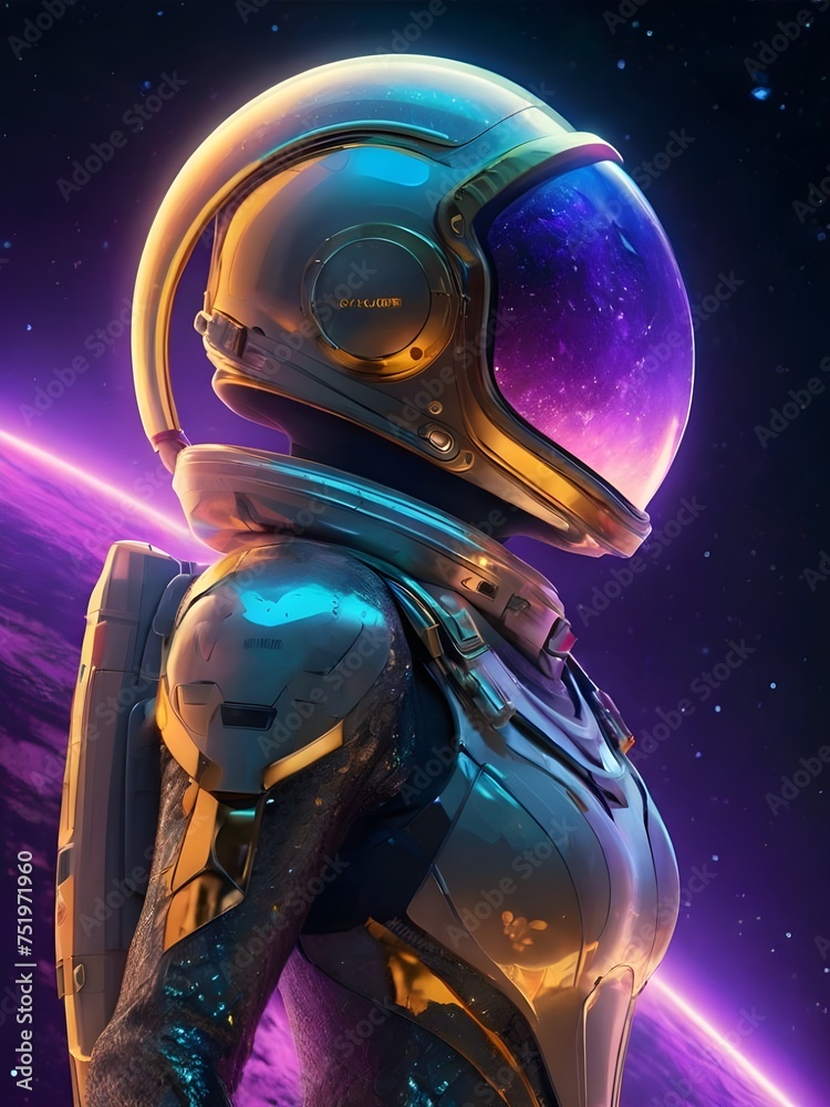 A stoic lunar void voyager stands against the endless expanse of space, clad in a metallic suit adorned with glowing neon accents. Generative AI A stoic lunar void voyager stands against the endless expanse of space, clad in a metallic suit adorned with glowing neon accents. Generative AI