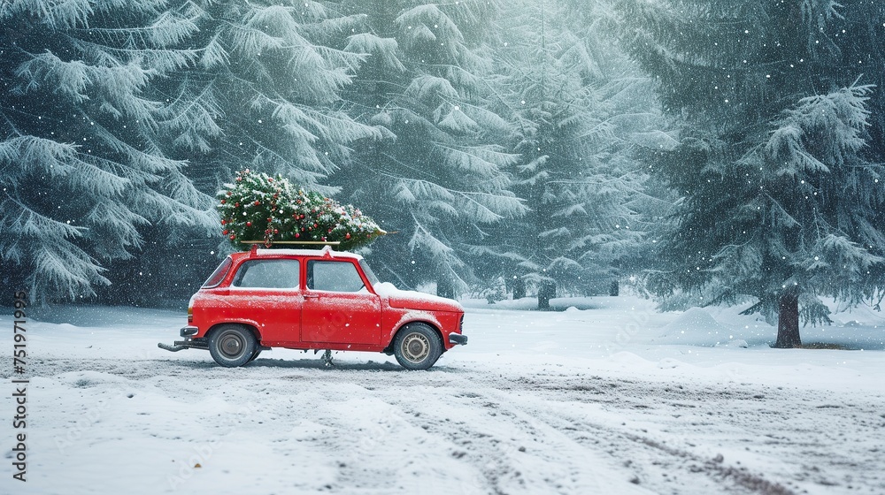 Car carrying a christmas tree in a snowy scene