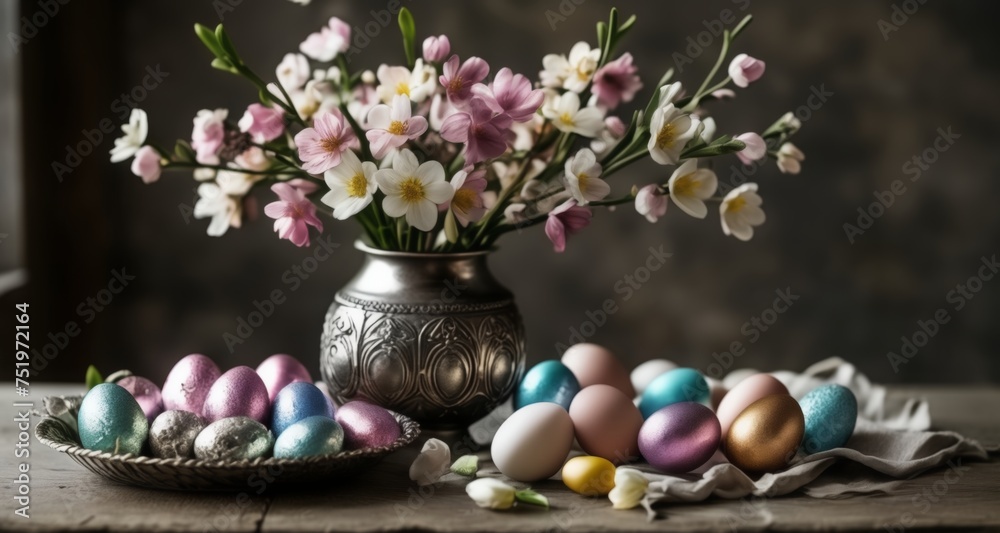  Easter delight - A vase of blooms and a basket of vibrant eggs