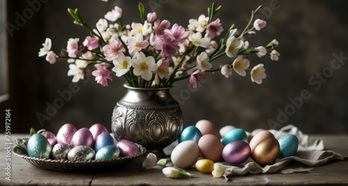 Wallpaper Mural  Easter delight - A vase of blooms and a basket of vibrant eggs Torontodigital.ca