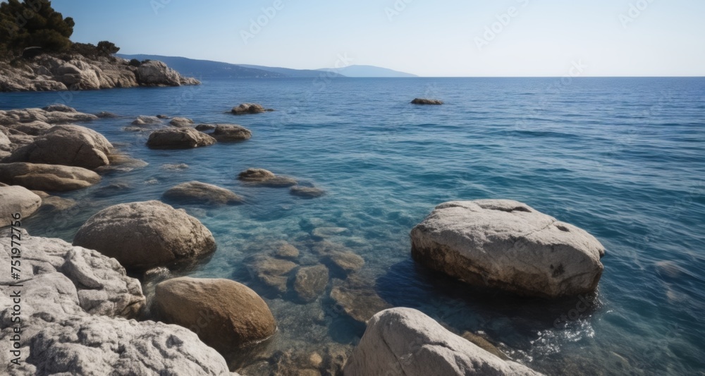 Enchanting coastal serenity with clear waters and rocky shores Enchanting coastal serenity with clear waters and rocky shores