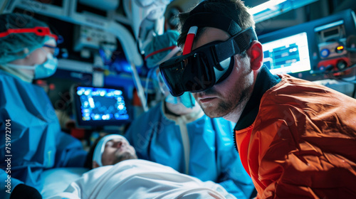 An emergency medical technician using mixed reality to train for mass casualty situations with multiple virtual patients in need of triage and care.