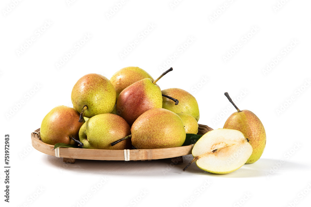 ripe pear fruit with half and slices isolated on white background