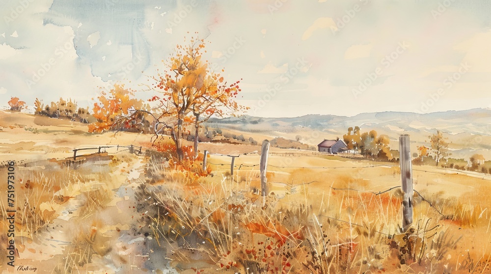 Picturesque watercolor landscape capturing the essence of a tranquil countryside