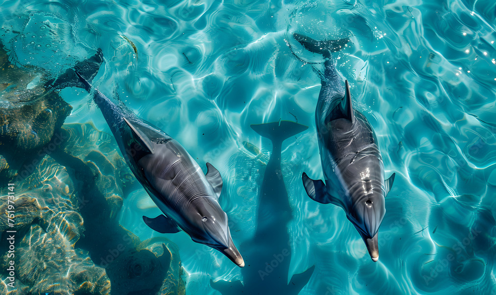 Obraz premium Dolphins Swimming in Clear Water,Generative AI 