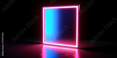 Square two tone neon motion graphic frame blue and pink on black 3D rendering Middle space for content