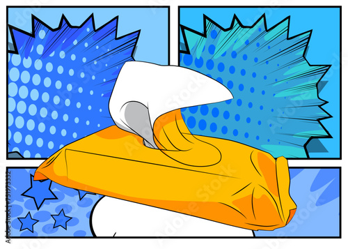 Cartoon Baby Wipe, comic book Wet Wipe. Retro vector comics pop art design.