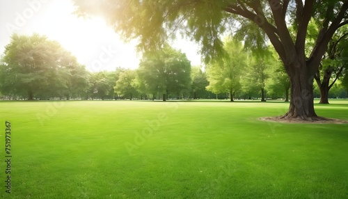 A green grass field with trees in the background in a sunny park