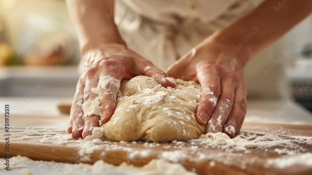 close up hands knead dough on a wooden table in a white sunny house modern morning kitchen with copy space.