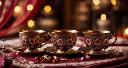  Elegant tea time setting with three ornate cups and saucers