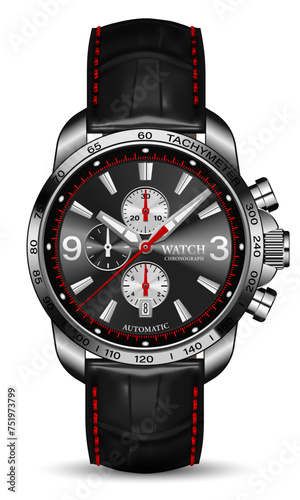 Realistic clock watch chronograph silver brown face red arrow black number on white background design for men luxury vector