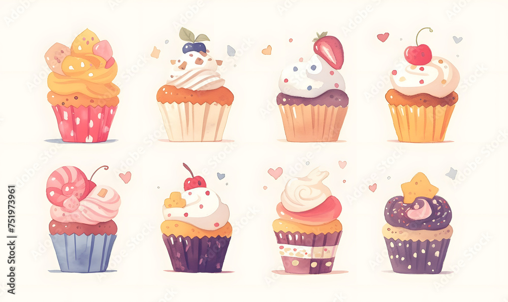 Collection of delicious cupcakes watercolor illustration, Generative AI 