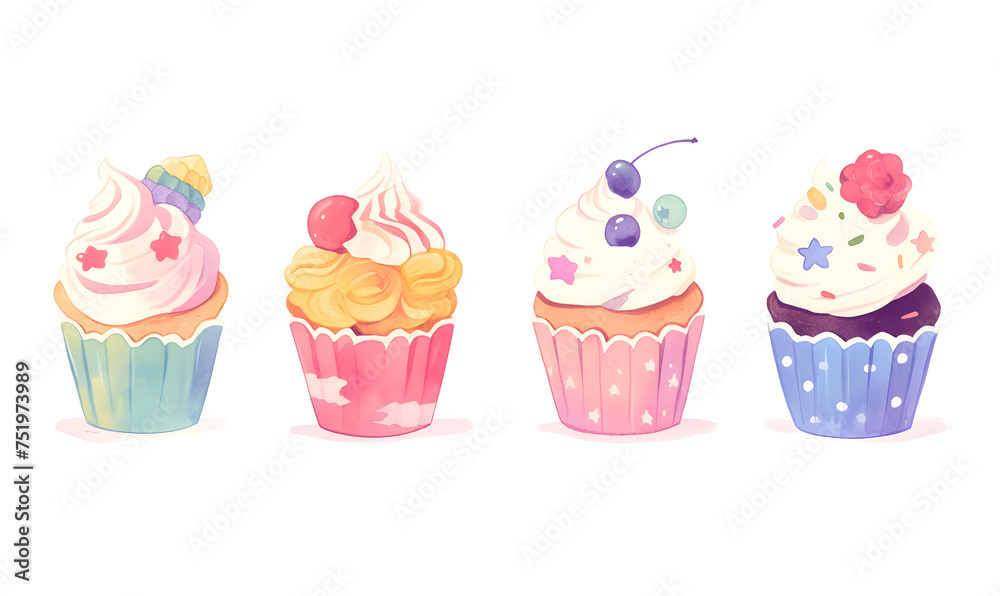 Collection of delicious cupcakes watercolor illustration, Generative AI Collection of delicious cupcakes watercolor illustration, Generative AI