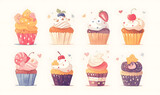 Collection of delicious cupcakes watercolor illustration, Generative AI 