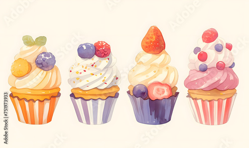 Collection of delicious cupcakes watercolor illustration  Generative AI 