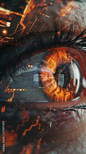 Illustration design of a human eye merged with interactive HUD technology in close-up view