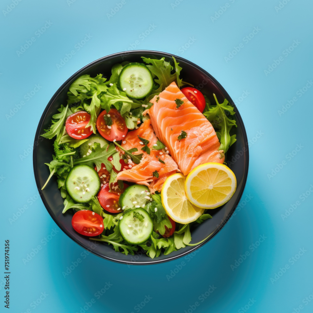 Salted salmon salad with fresh green lettuce, cucumbers and tomatoes Salted salmon salad with fresh green lettuce, cucumbers and tomatoes