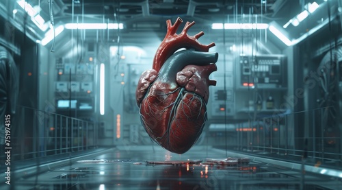 the heart is shown on a futuristic background, in the style of realistic hyperrealism, labcore photo
