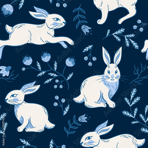 Easter running and sitting rabbits, seamless pattern. Vintage Blooming cherry, bearberry. Blue monochrome. Little garden. Boho, rustic style. wallpaper, wrapping, background. Slavic folk flowers