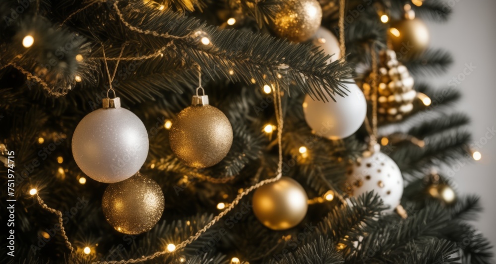  Elegant Christmas tree adorned with gold and white ornaments