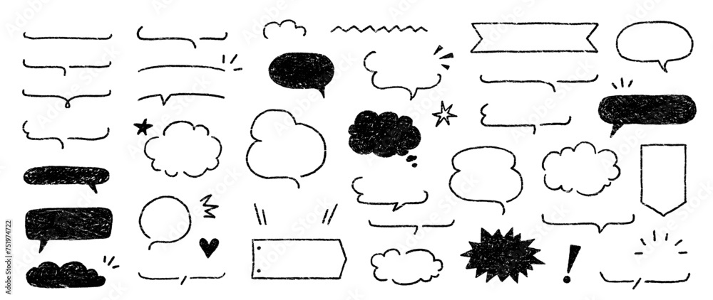 Cute crayon frame speech bubble set. Crayon chalk background speech bubble frame. Hand drawn chalk pencil dialog balloon, japan handwriting doodle text cloud. Vector illustration Cute crayon frame speech bubble set. Crayon chalk background speech bubble frame. Hand drawn chalk pencil dialog balloon, japan handwriting doodle text cloud. Vector illustration