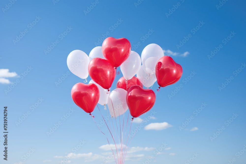 Heart-shaped balloon bouquet against a clear blue sky. Heart-shaped balloon bouquet against a clear blue sky.