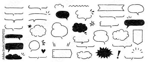 Cute crayon frame speech bubble set. Crayon chalk background speech bubble frame. Hand drawn chalk pencil dialog balloon, japan handwriting doodle text cloud. Vector illustration