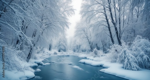  Wintry serenity - A snow-covered forest with a frozen river © vivekFx