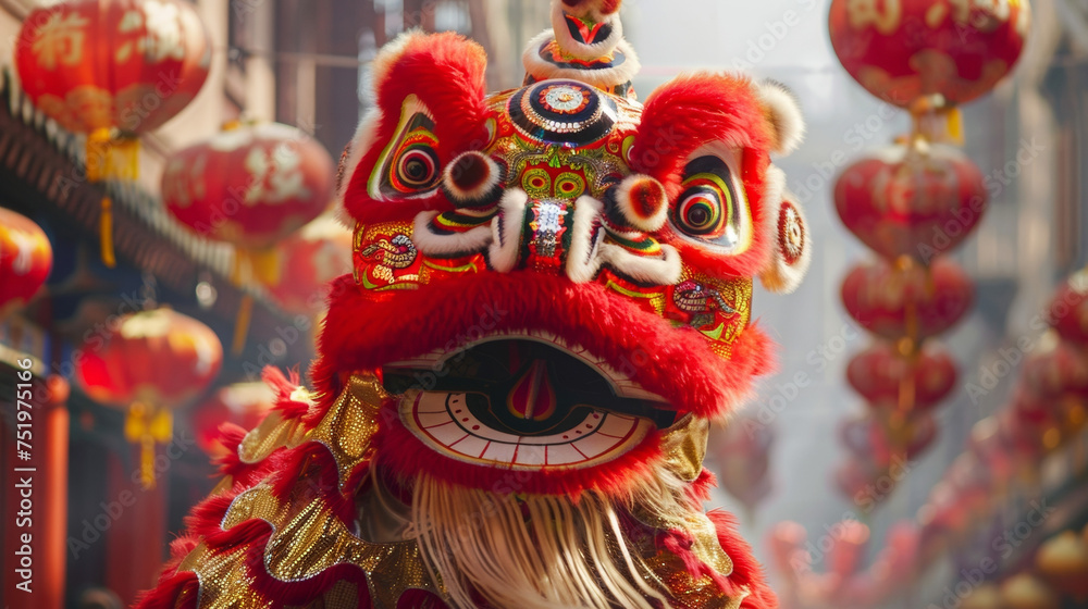 A closeup of a red and gold lion dance costume adorned with intricate details and representing strength and good luck as it performs in the streets. A closeup of a red and gold lion dance costume adorned with intricate details and representing strength and good luck as it performs in the streets.