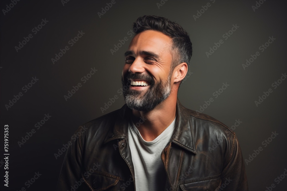 Portrait of a handsome bearded man wearing a leather jacket and smiling on a dark background