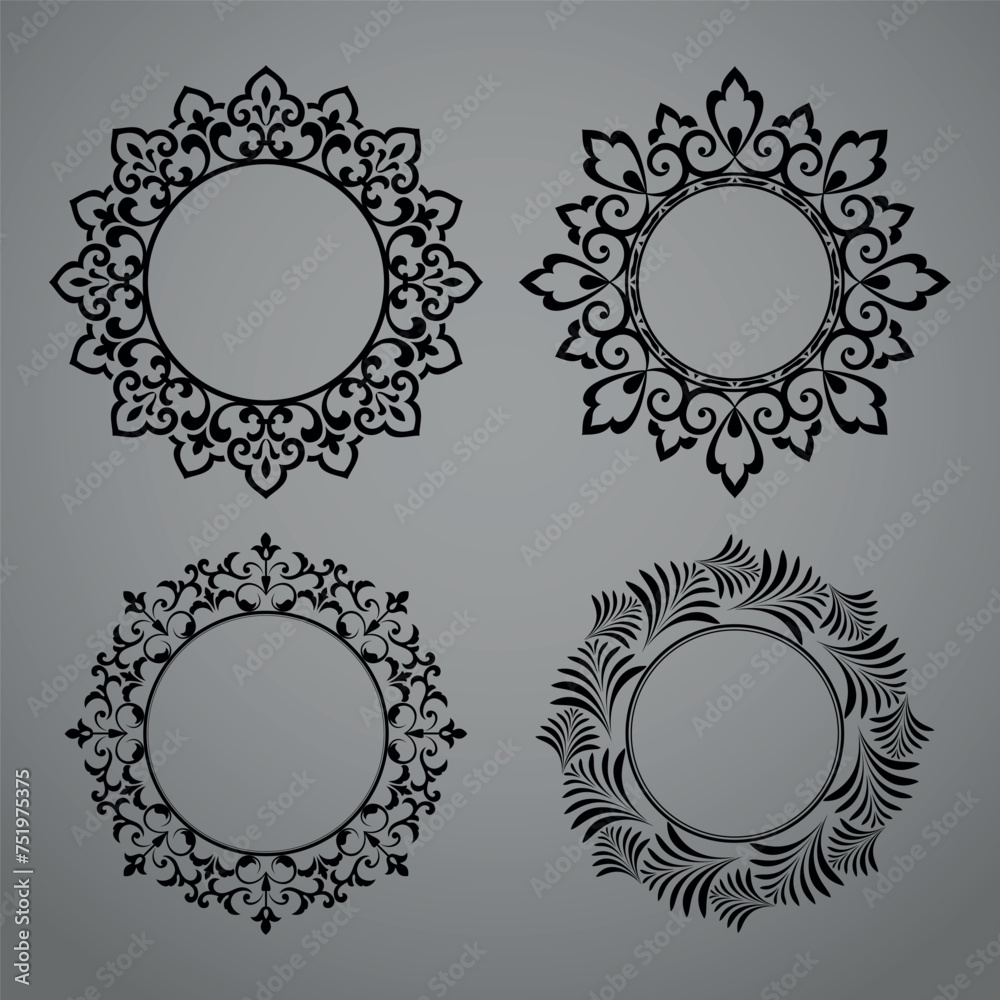 Set of decorative frames Elegant vector element for design in Eastern style, place for text. Floral black and gray borders. Lace illustration for invitations and greeting cards Set of decorative frames Elegant vector element for design in Eastern style, place for text. Floral black and gray borders. Lace illustration for invitations and greeting cards