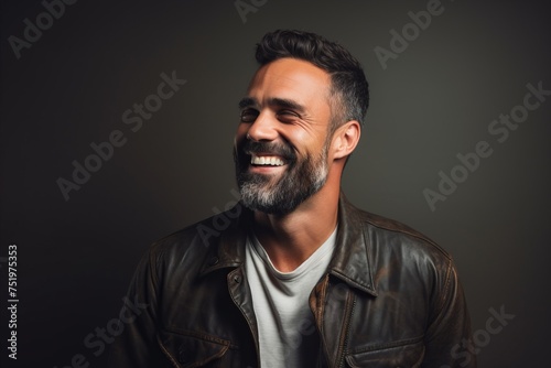 Portrait of a handsome bearded man wearing a leather jacket and smiling on a dark background