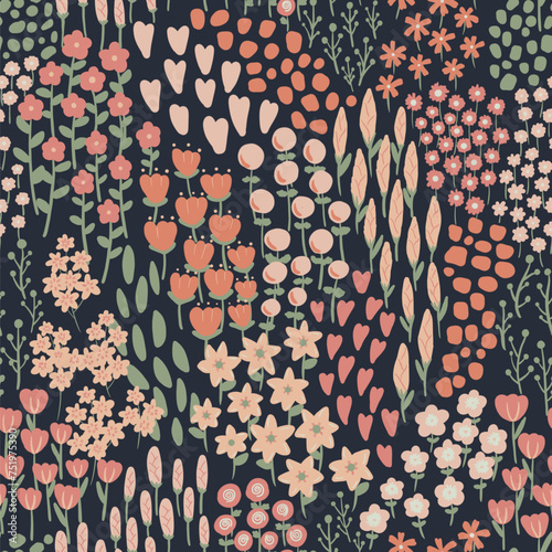 Hand draw night flower field in the forest on black background art stye seamless pattern