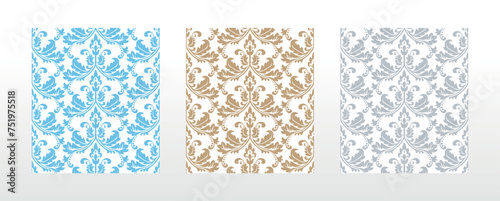 Wallpapers in the style of Baroque. Seamless vector backgrounds. Set of colored floral ornaments. Graphic patterns for fabric, wallpaper, packaging. Ornate Damask flower ornaments