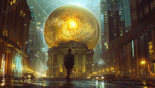 Dreamlike Image of Man Striding Atop Levitating Gold Coin, Grandeur of Bank Building in Distance, Surreal Juxtaposition of Monetary Value and Human Existence, Set Against a Bustling Financial District