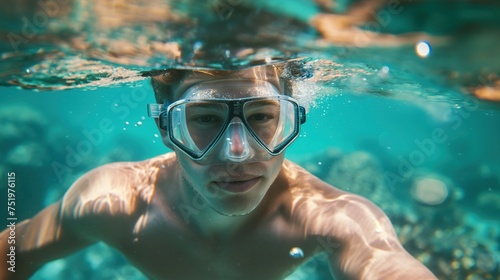 Exploring the Depths Handsome Young Man Snorkeling in a Crystalline Ocean