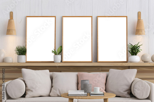 Mockup poster frame set in minimalist modern interior living room, 3 Blank photo frame mockup