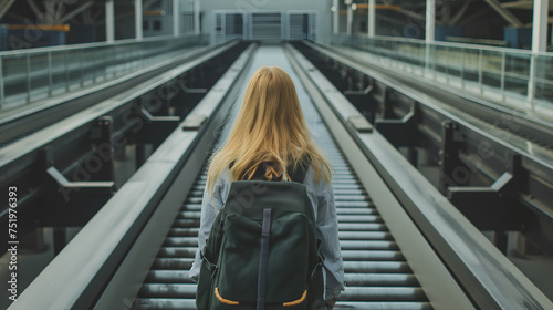 Disappointed tourist with backpack looks at conveyor belt for missing luggage