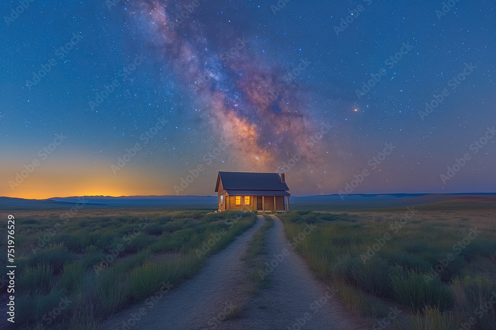 Alone house on foggy meadow with milky way