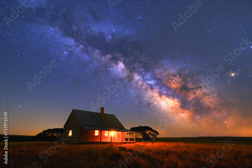 Alone house on foggy meadow with milky way