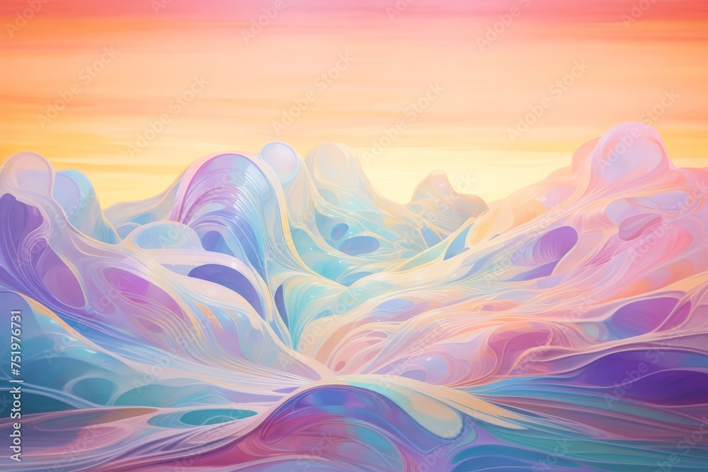 
Abstract holographic landscape with iridescent colors and shimmering textures, reminiscent of a surreal and otherworldly realm