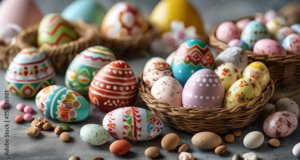 Vibrant Easter eggs in woven baskets, ready for the hunt! Vibrant Easter eggs in woven baskets, ready for the hunt!